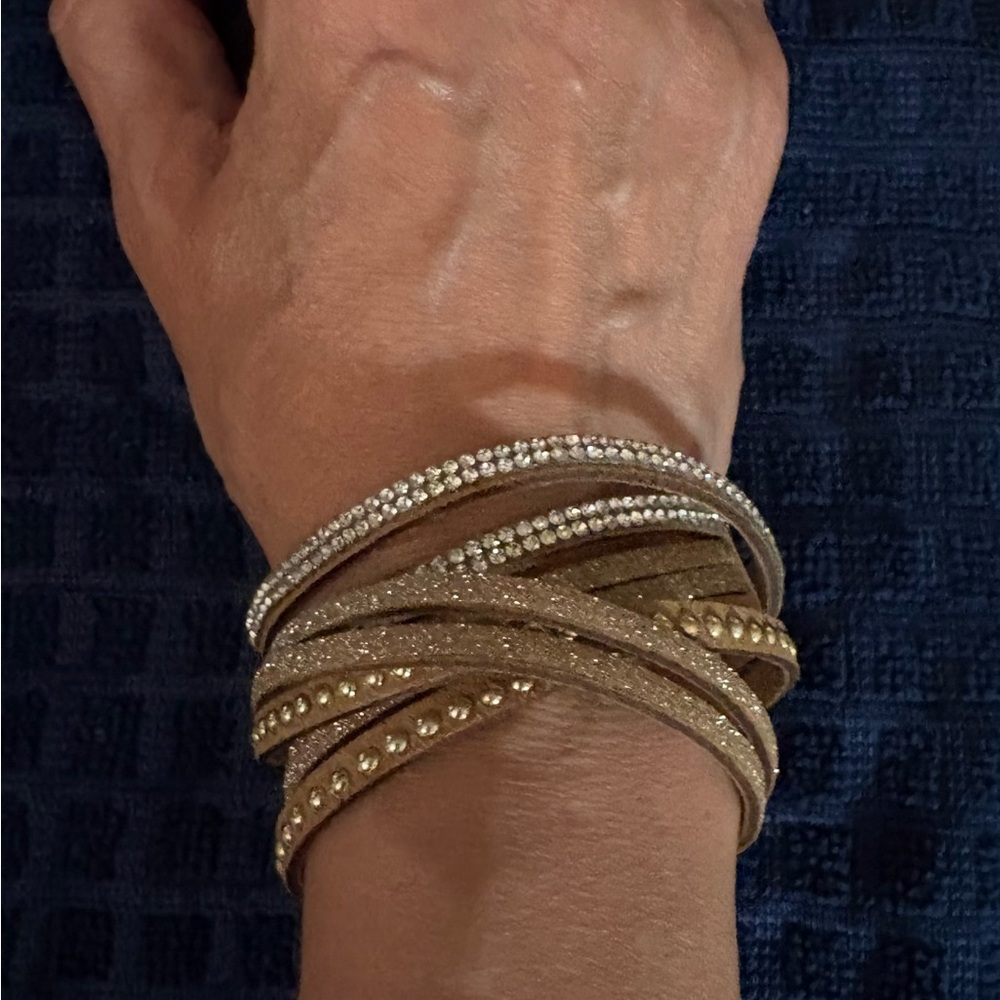 Tan Faux Suede Wrap Bracelet w/ Rhinestones, Gold Tone Studs, & Silver Sparkles